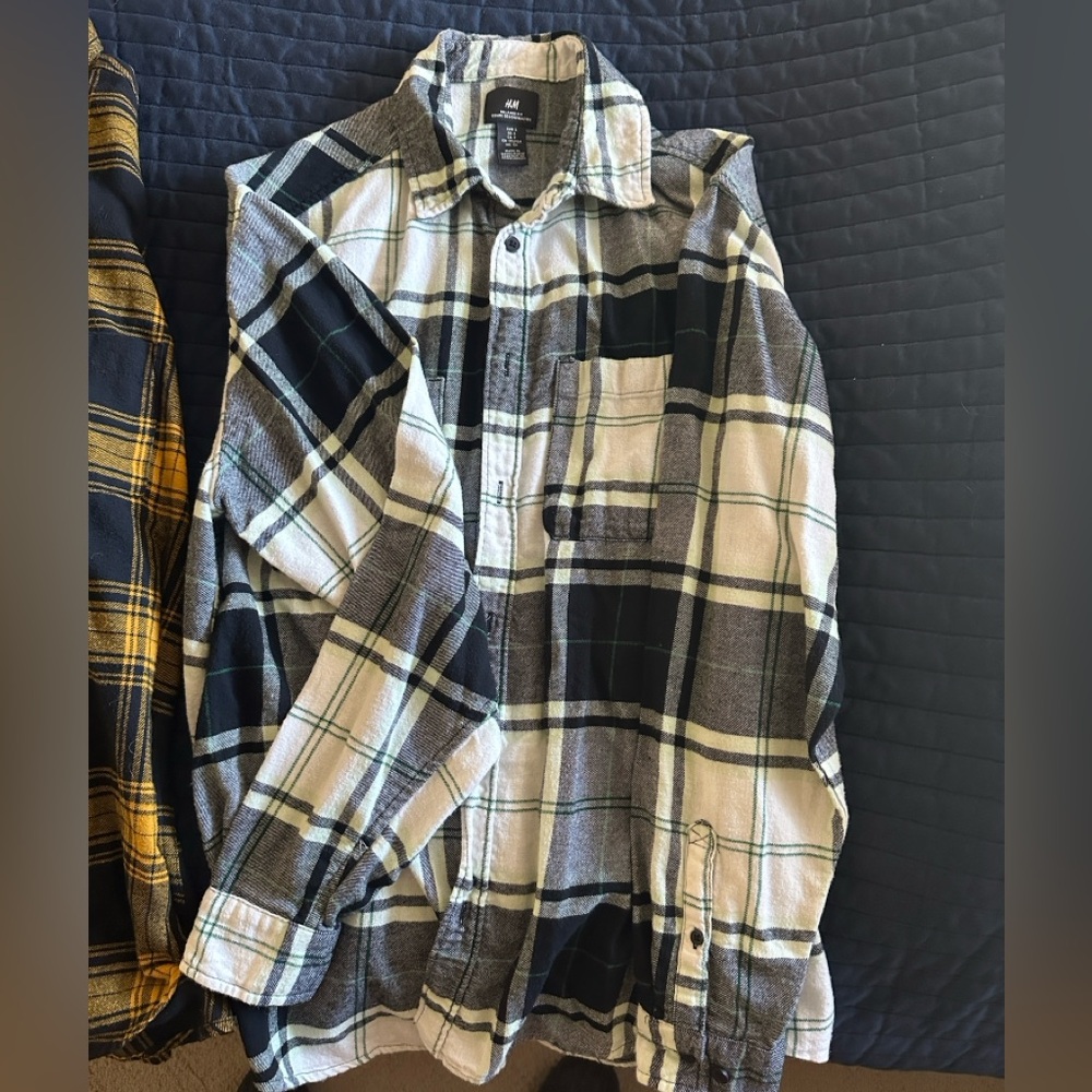 H&M Black and White Plaid (with light green lines) Button Down Flannel Shirt